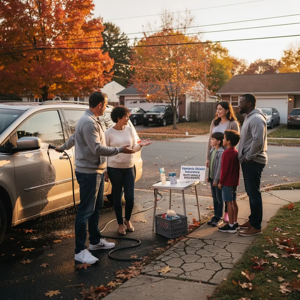 Pojazdy zaparkowane w różnych kolorach, symbolizujące zniżki dla wielu pojazdów.